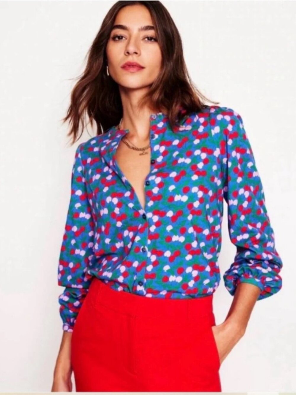 BODEN Marina Cherry Novelty Print Jersey Button Front Top 4